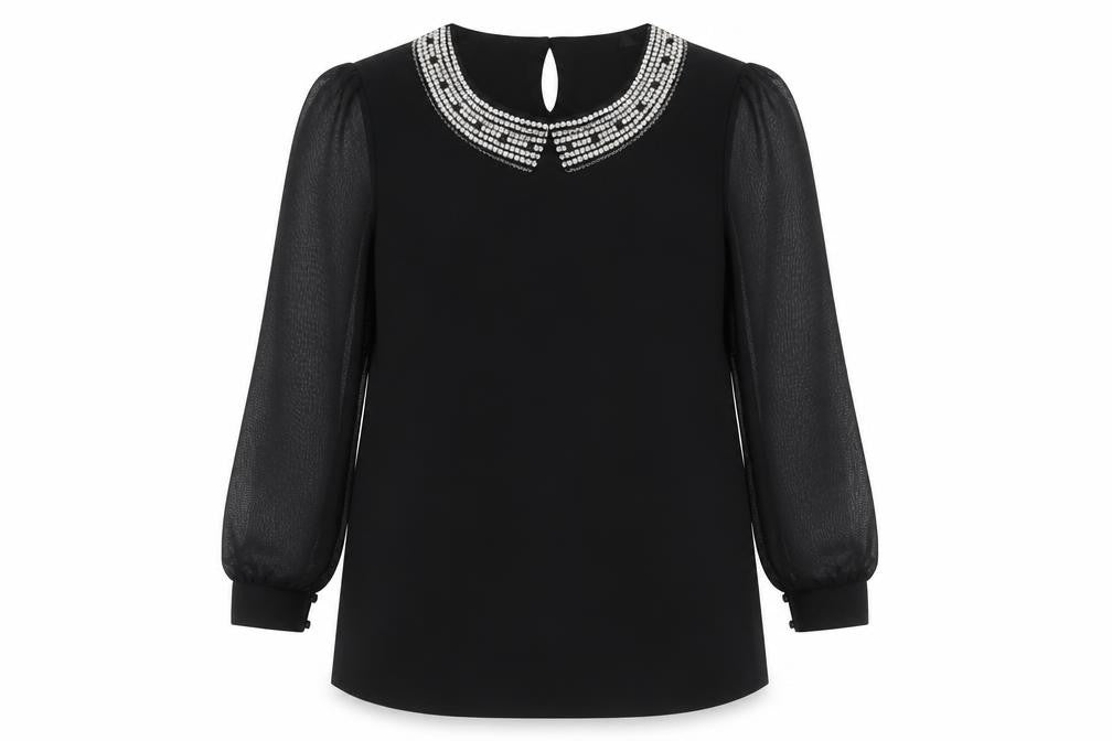 Front view of Blue Chameleon women’s black beaded blouse, size UK 18, long sleeve tunic