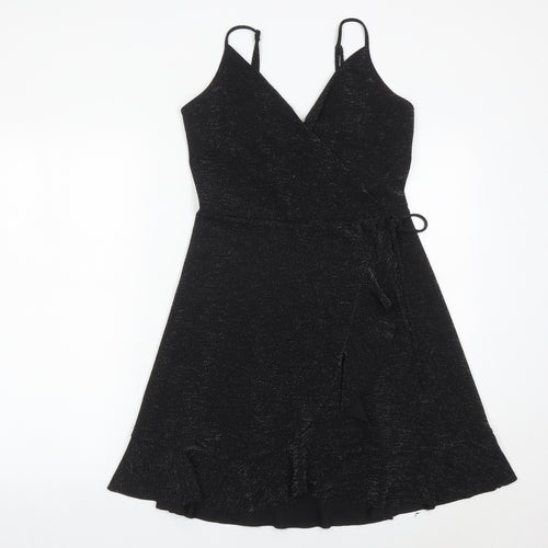 New Look Women’s Black Wrap Dress Size 12 Glitter Ruffle Party