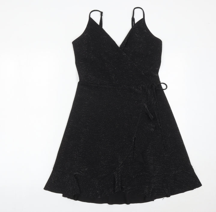 New Look Women’s Black Wrap Dress Size 12 Glitter Ruffle Party
