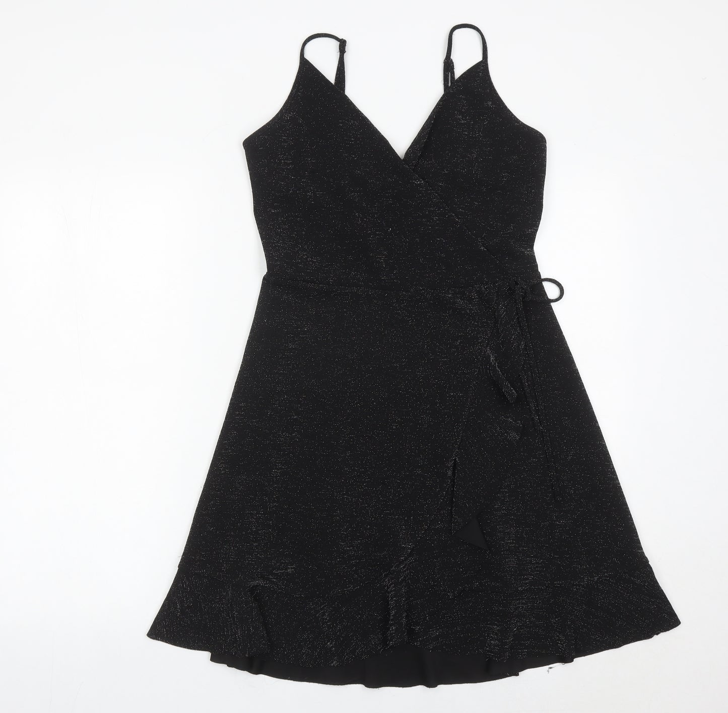 New Look Women’s Black Wrap Dress Size 12 Glitter Ruffle Party