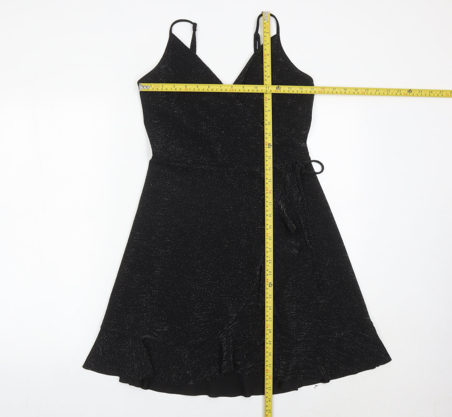 New Look Women’s Black Wrap Dress Size 12 Glitter Ruffle Party