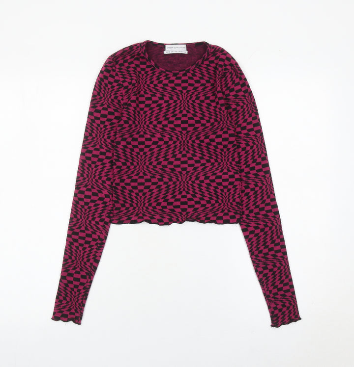 Urban Outfitters Women’s XS Pink Check Slim Fit Cropped Long Sleeve Top