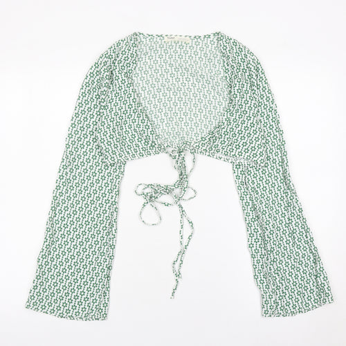Pull & Bear Womens Green Floral Cropped Tie Blouse XS Long Sleeve