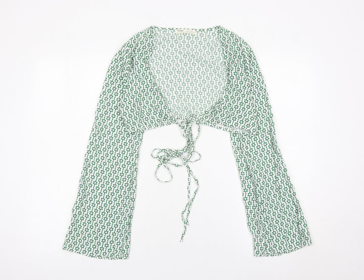 Pull & Bear Womens Green Floral Cropped Tie Blouse XS Long Sleeve