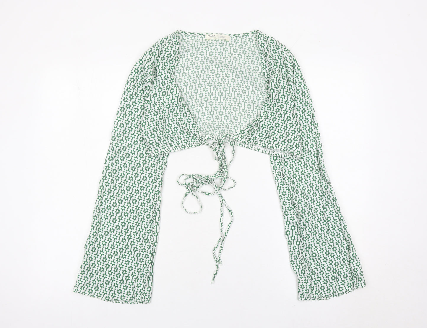 Pull & Bear Womens Green Floral Cropped Tie Blouse XS Long Sleeve
