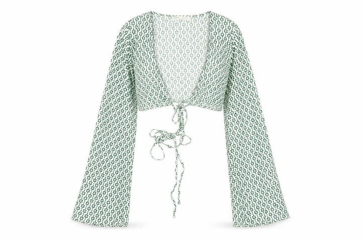 Pull&Bear Womens Green Floral Cropped Tie Blouse XS Long Sleeve