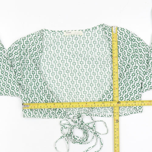 Pull & Bear Womens Green Floral Cropped Tie Blouse XS Long Sleeve
