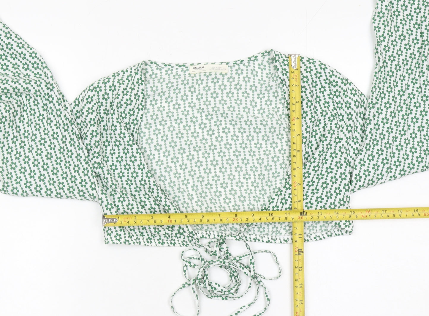 Pull & Bear Womens Green Floral Cropped Tie Blouse XS Long Sleeve