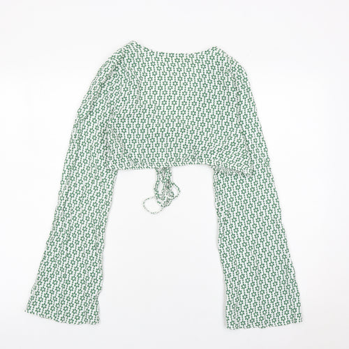 Pull & Bear Womens Green Floral Cropped Tie Blouse XS Long Sleeve