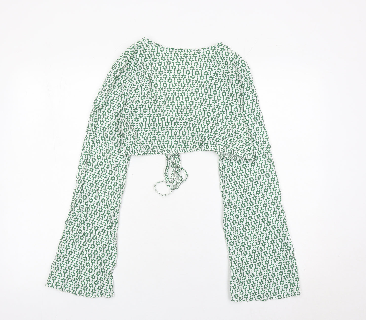 Pull & Bear Womens Green Floral Cropped Tie Blouse XS Long Sleeve