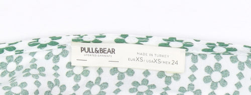 Pull & Bear Womens Green Floral Cropped Tie Blouse XS Long Sleeve