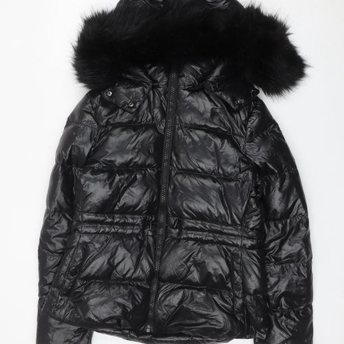 Zara Women Black Puffer Jacket Size 12 Hooded Down Winter Coat