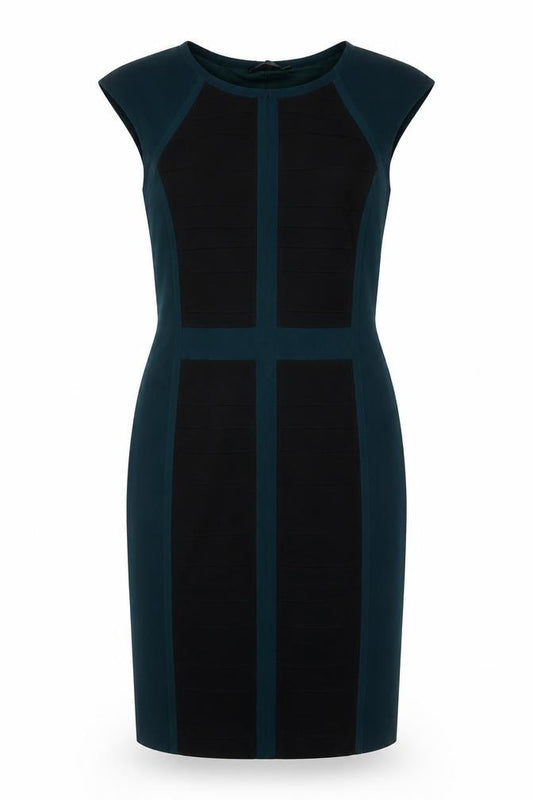 Front view of Stills women’s green black sheath dress, size UK 12, sleeveless knee length