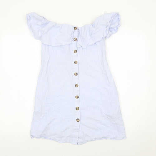 Zara Women Blue Cotton Off Shoulder A-Line Button Dress Size 8