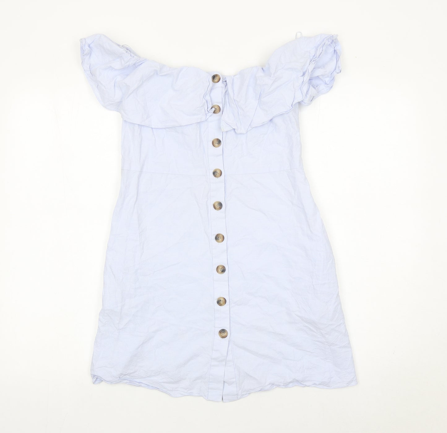 Zara Women Blue Cotton Off Shoulder A-Line Button Dress Size 8