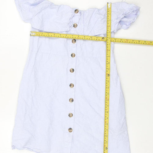 Zara Women Blue Cotton Off Shoulder A-Line Button Dress Size 8