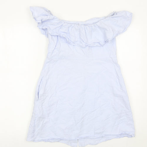 Zara Women Blue Cotton Off Shoulder A-Line Button Dress Size 8