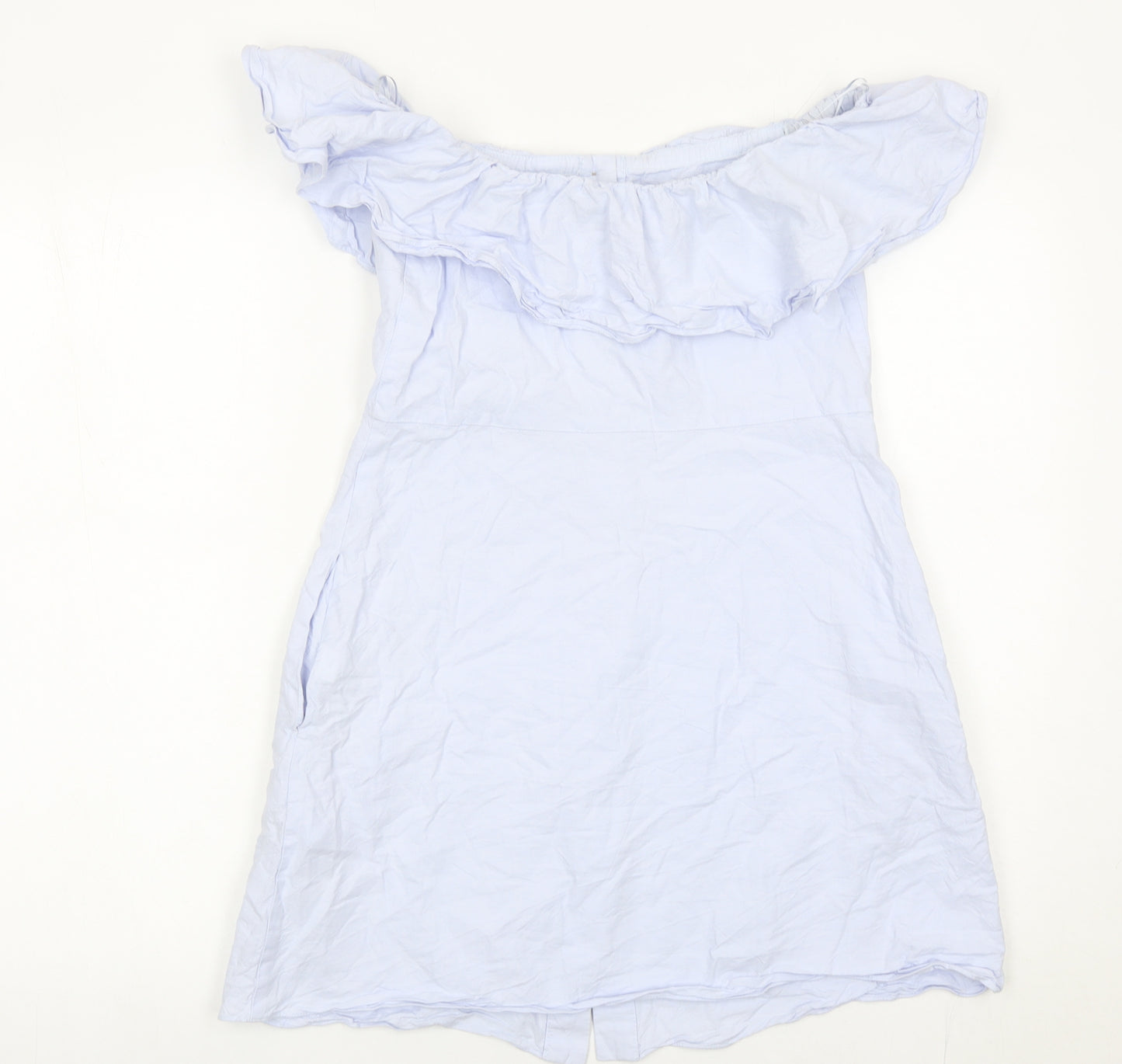 Zara Women Blue Cotton Off Shoulder A-Line Button Dress Size 8