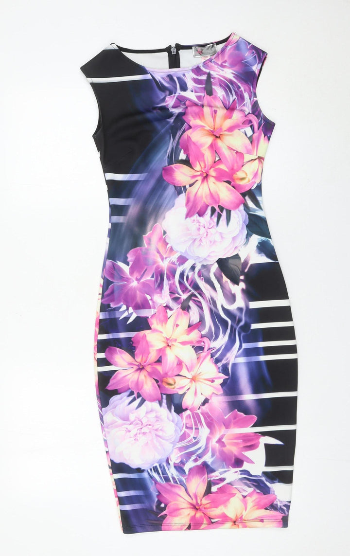 Love Womens Multicoloured Floral Bodycon Dress UK 8 Sleeveless Knee Length