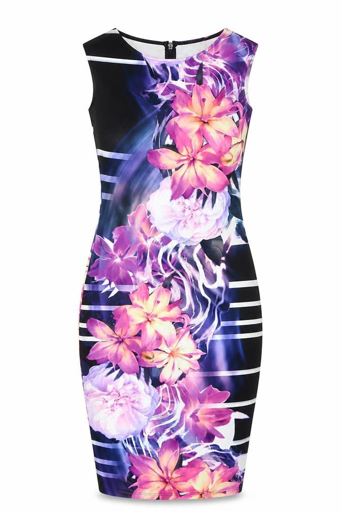 Love Womens Multicoloured Floral Bodycon Dress UK 8 Sleeveless Knee Length