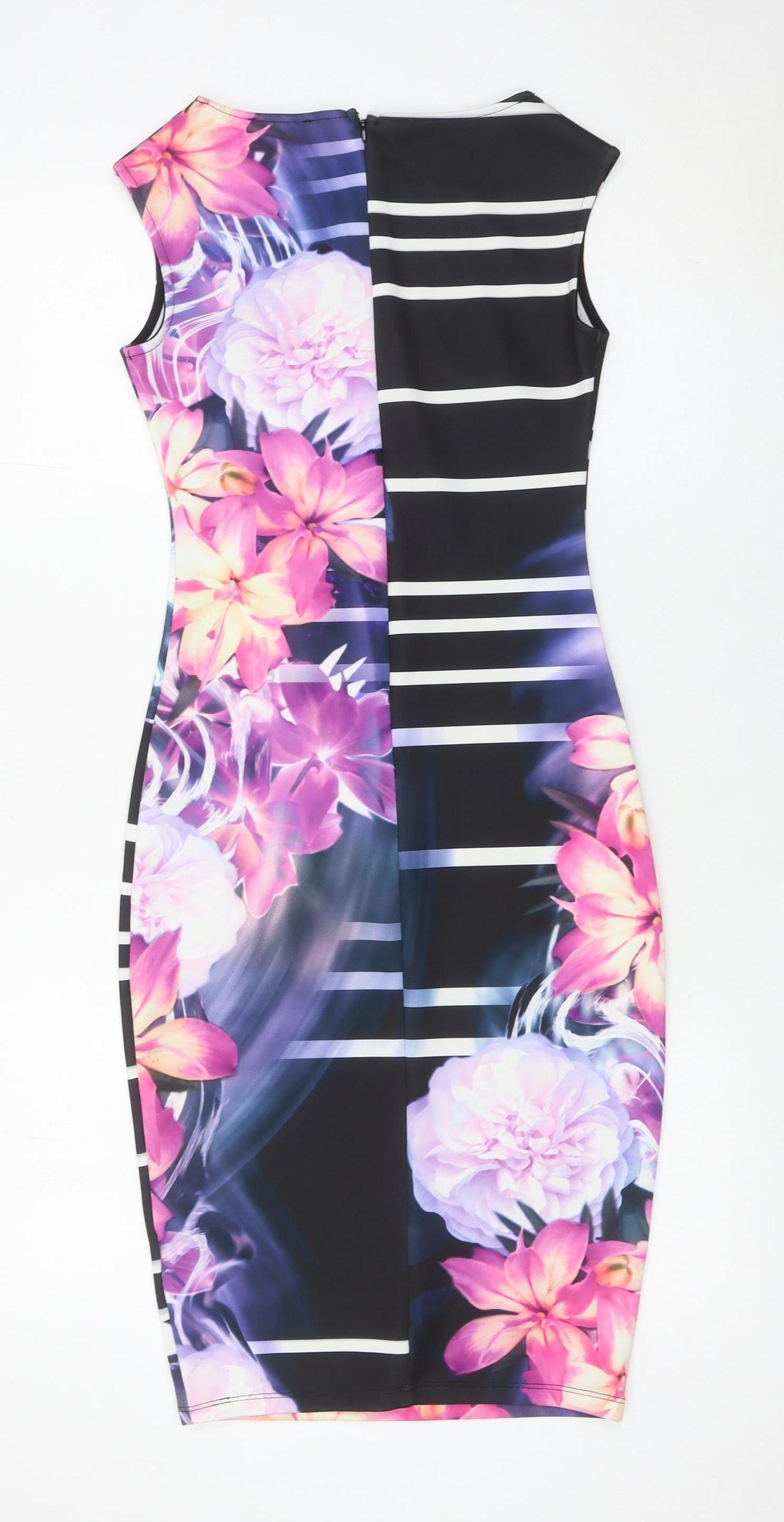 Love Womens Multicoloured Floral Bodycon Dress UK 8 Sleeveless Knee Length
