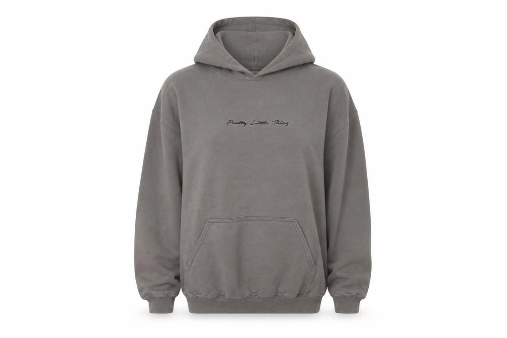 Front view of PRETTYLITTLETHING Women’s Grey Pullover Hoodie M Logo Casual
