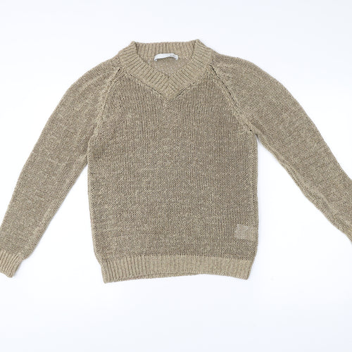 Oui Women’s Beige V-Neck Open-Knit Pullover Jumper Size 12