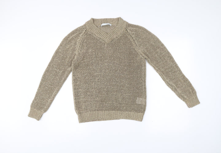 Oui Women’s Beige V-Neck Open-Knit Pullover Jumper Size 12