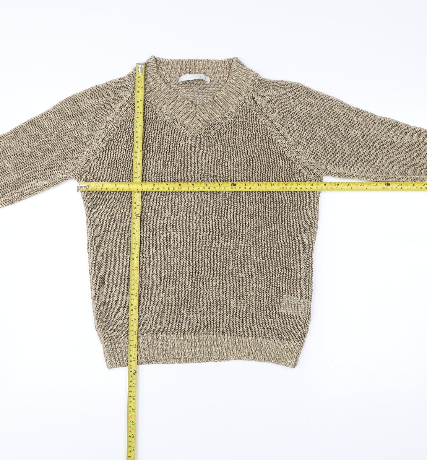 Oui Women’s Beige V-Neck Open-Knit Pullover Jumper Size 12