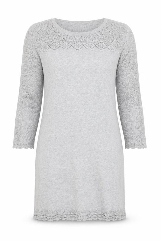 Front view of FatFace women’s grey cotton jumper dress, size UK 12, knit pullover