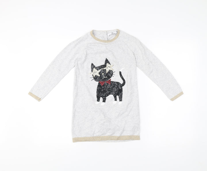 Marks and Spencer Girls Grey Cat Sequin Knit Shift Dress 6-7 Years