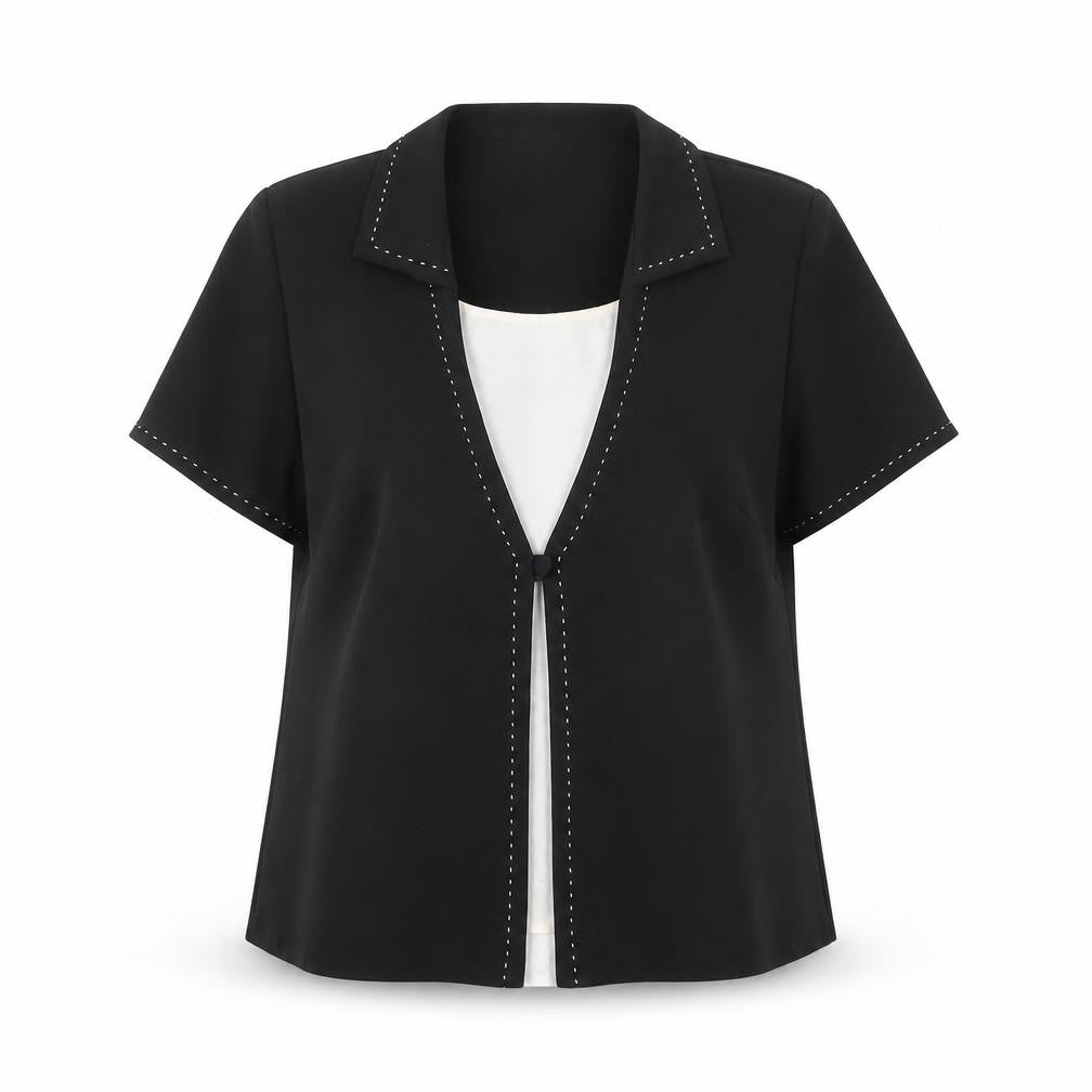 Front view of Berkertex Women Black Collared Blouse, size 16, Short Sleeve Workwear