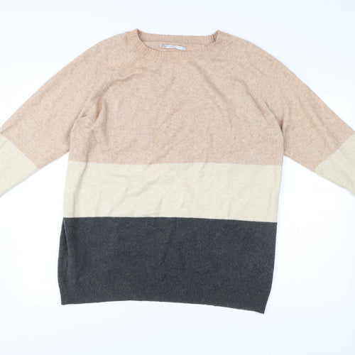 ONLY Womens XL Beige Grey Stripe Knit Jumper Crew Neck Pullover
