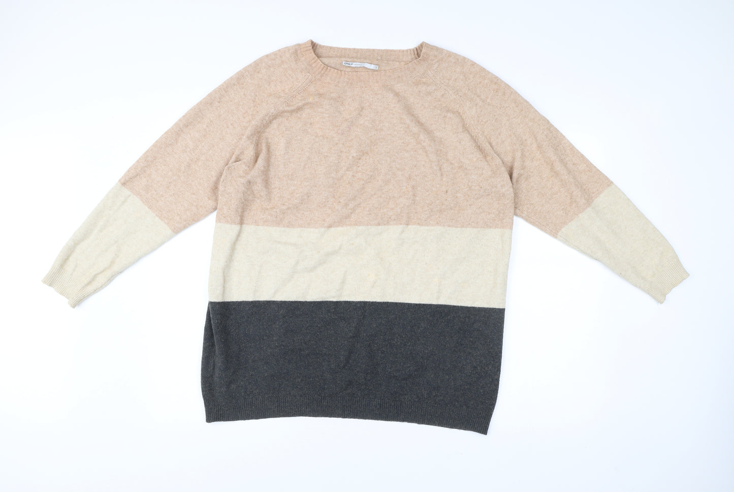 ONLY Womens XL Beige Grey Stripe Knit Jumper Crew Neck Pullover