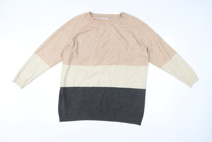 ONLY Womens XL Beige Grey Stripe Knit Jumper Crew Neck Pullover