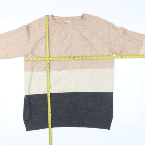 ONLY Womens XL Beige Grey Stripe Knit Jumper Crew Neck Pullover