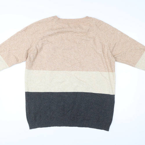 ONLY Womens XL Beige Grey Stripe Knit Jumper Crew Neck Pullover