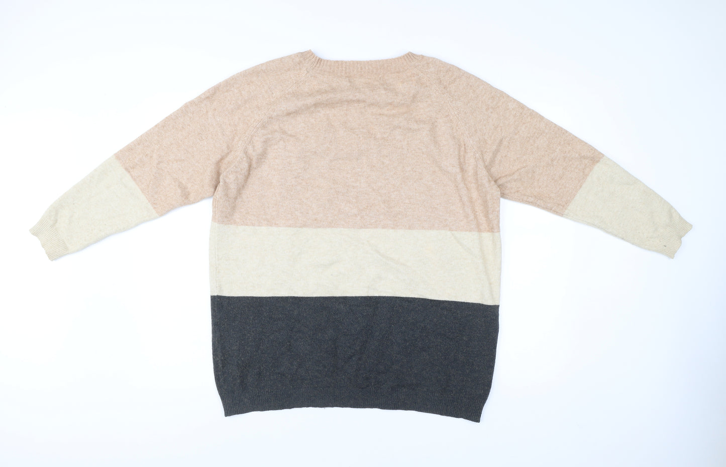 ONLY Womens XL Beige Grey Stripe Knit Jumper Crew Neck Pullover