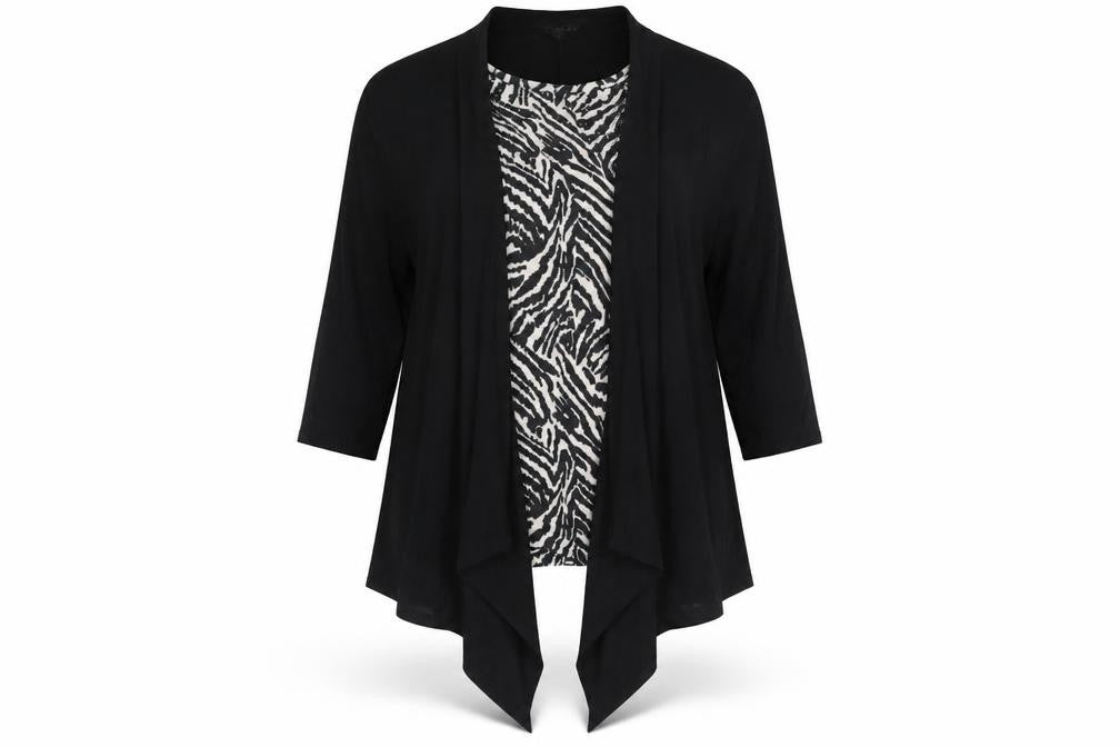 Front view of Yours women’s black tunic top, size UK 16, 3/4 sleeve viscose blend