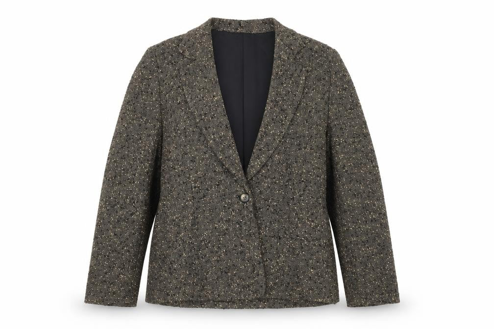 Front view of Grace Collection women’s brown tweed wool blend blazer jacket, size UK 12