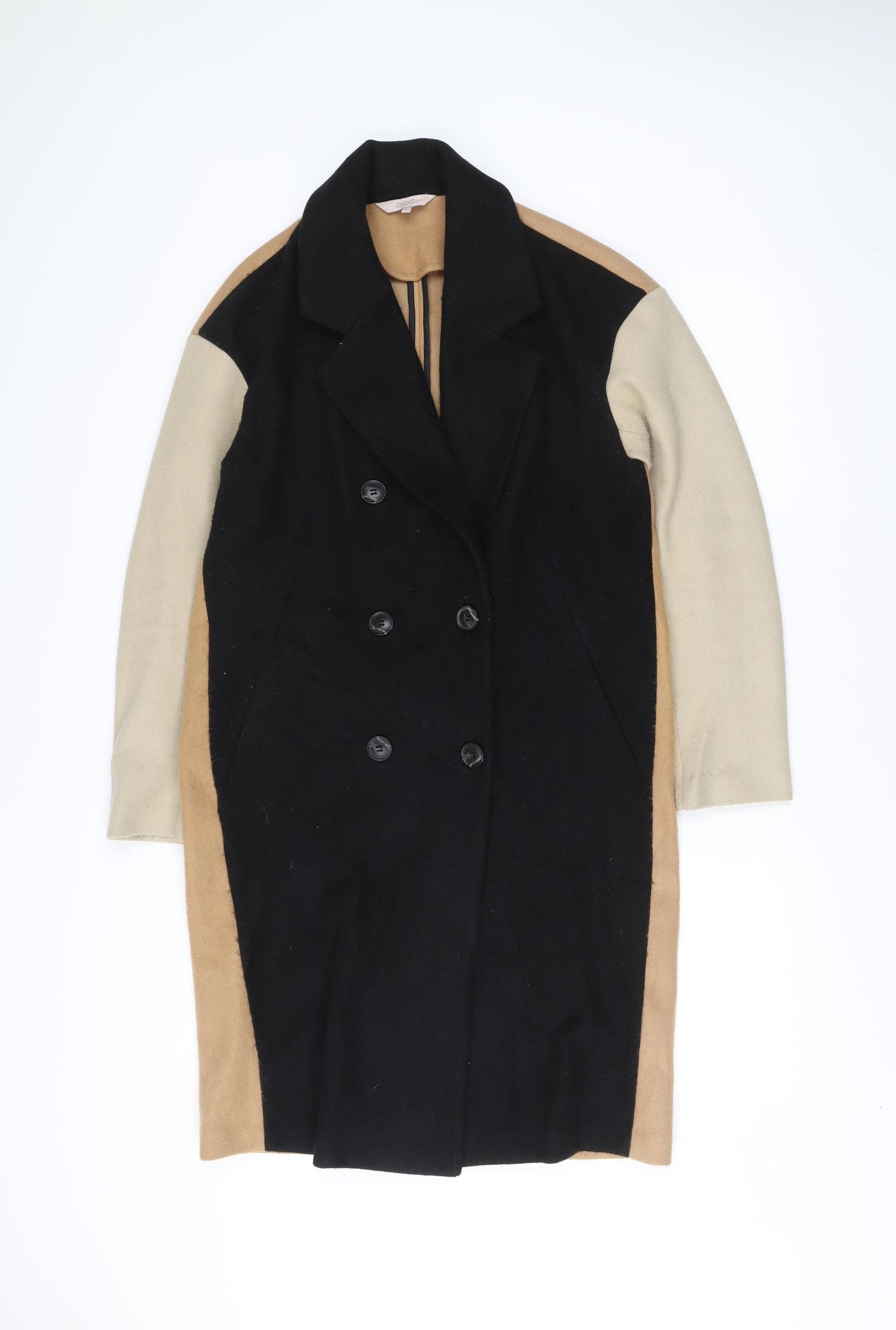 Next Womens Black Beige Coat Size 10 Long Overcoat Buttoned