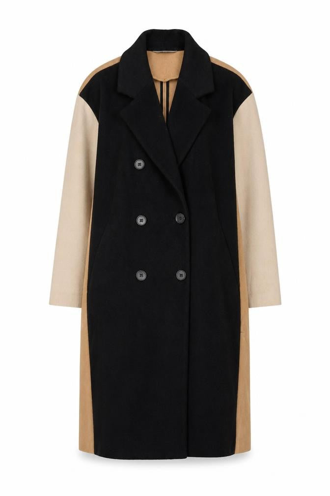 Front view of Next women’s black beige coat, size UK 10, long overcoat buttoned