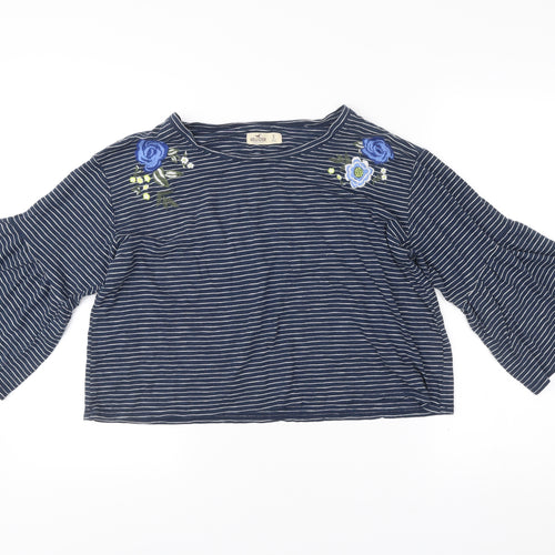 Hollister Womens Blue Striped Embroidered Cropped Blouse S