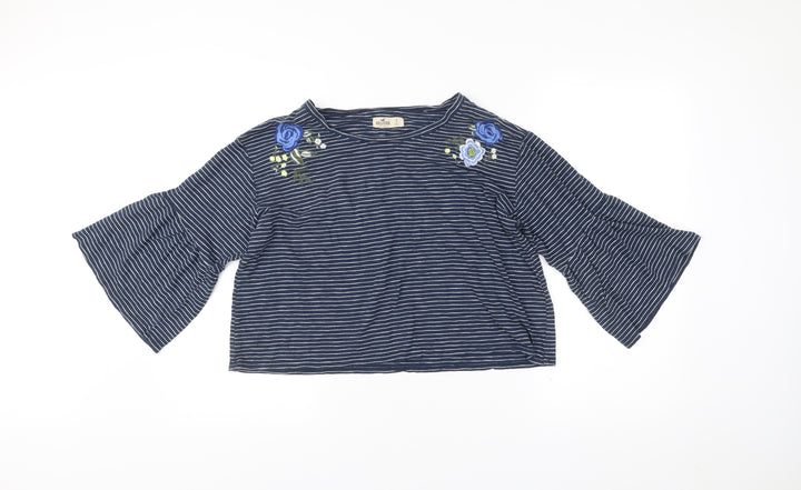Hollister Womens Blue Striped Embroidered Cropped Blouse S