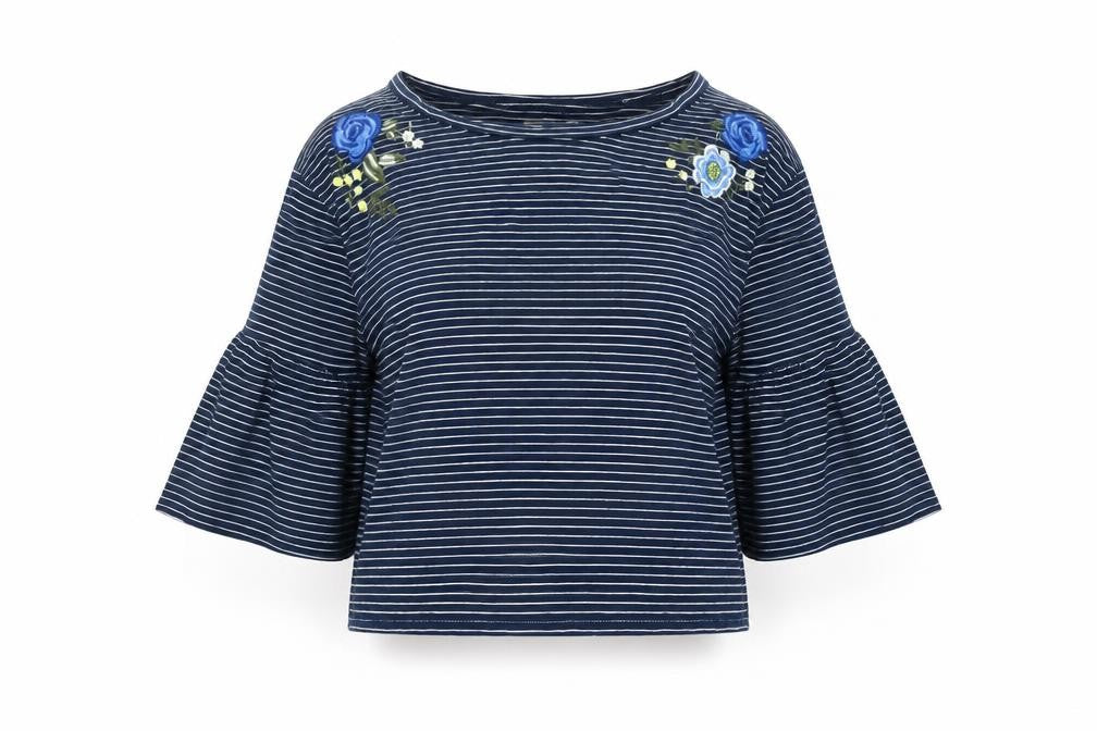 Front view of Hollister women’s blue striped embroidered cropped blouse s