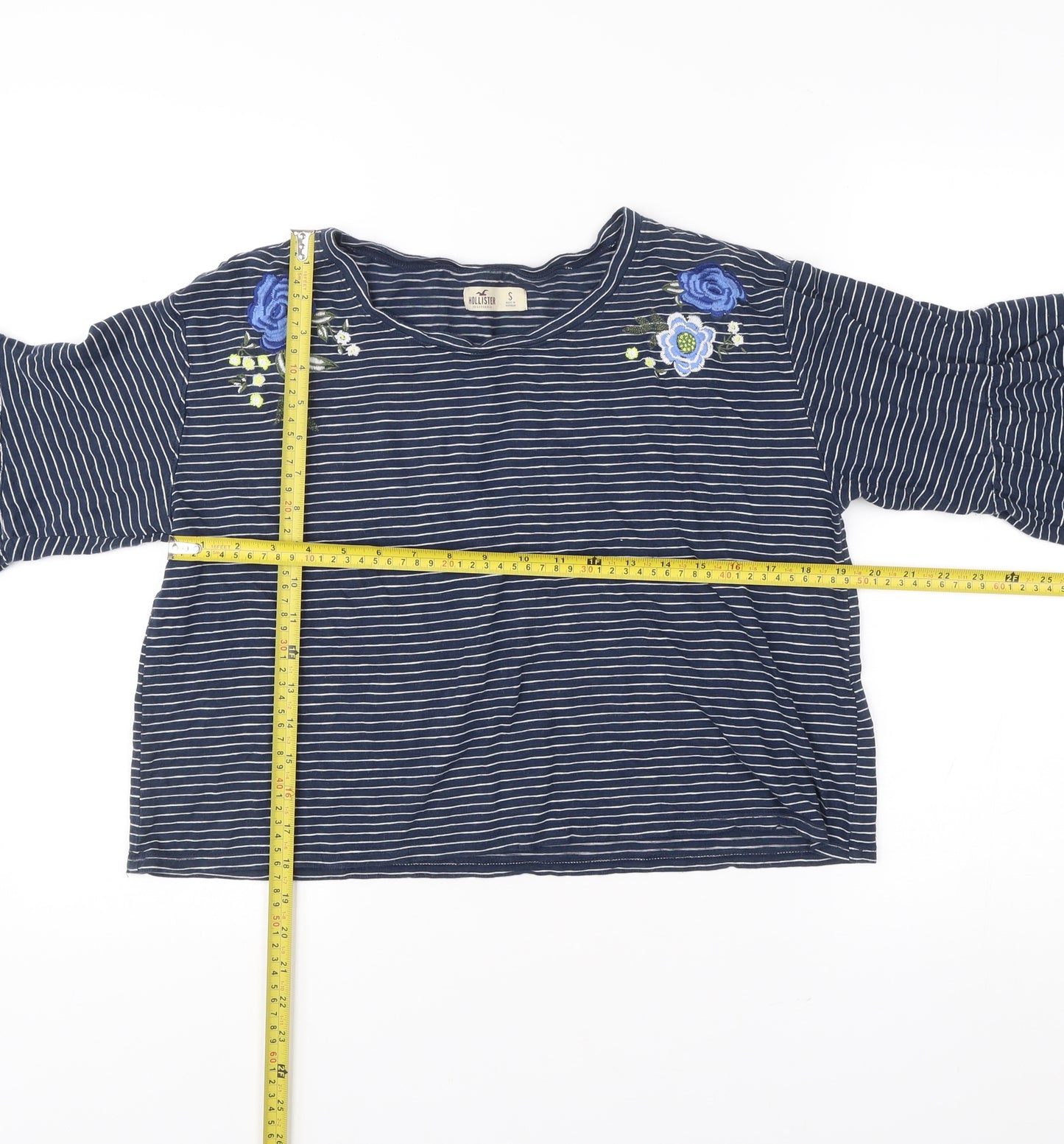 Hollister Womens Blue Striped Embroidered Cropped Blouse S