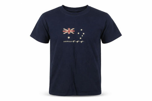 Front view of Purely Kids boys’ blue t-shirt, size 14, years australian flag embroidered