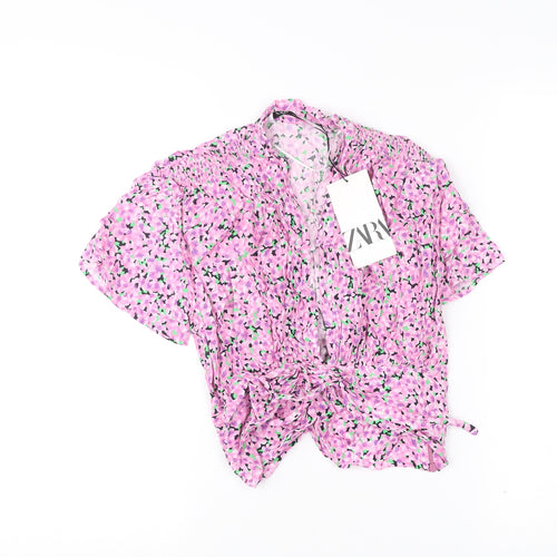 Zara Women’s Pink Floral Viscose Cropped Blouse XS