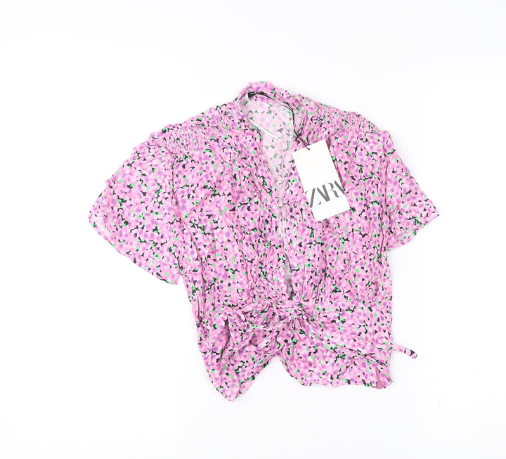 Zara Women’s Pink Floral Viscose Cropped Blouse XS