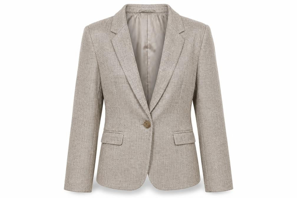 Front view of Zara women’s beige wool blend blazer jacket, size UK 8, regular workwear